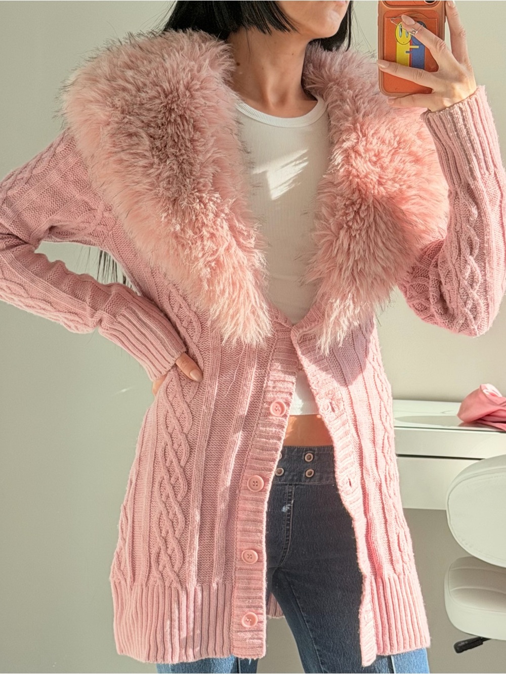 Pink Faux-Fur Collar Cable Knit Cardigan Sweater